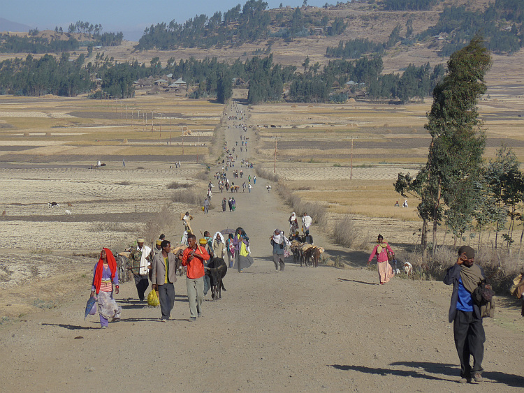 Like an Old Testament scenery: a procession of people coming towards us