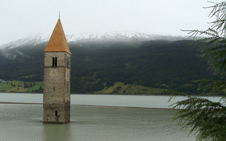 The underwater church of Graun, Sudtirol, Italy