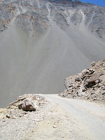 Scree slopes with gravel road. On the way to Baralacha La