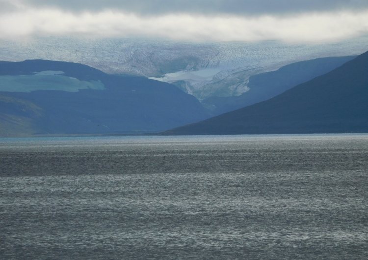 View over the fjord with the Kaldalón glacier and the Drangajökull ice cap in the background