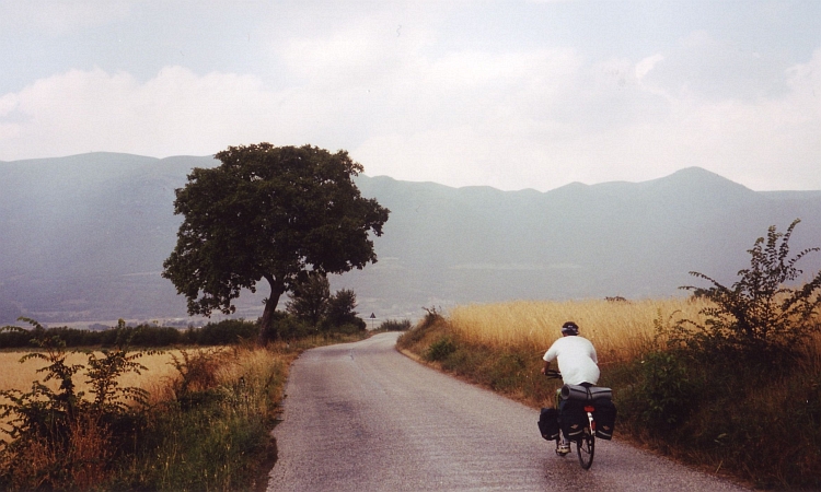 Willem proceeding towards the rain. Behind Willem is the mountain range we have to cross to reach Castelluccio