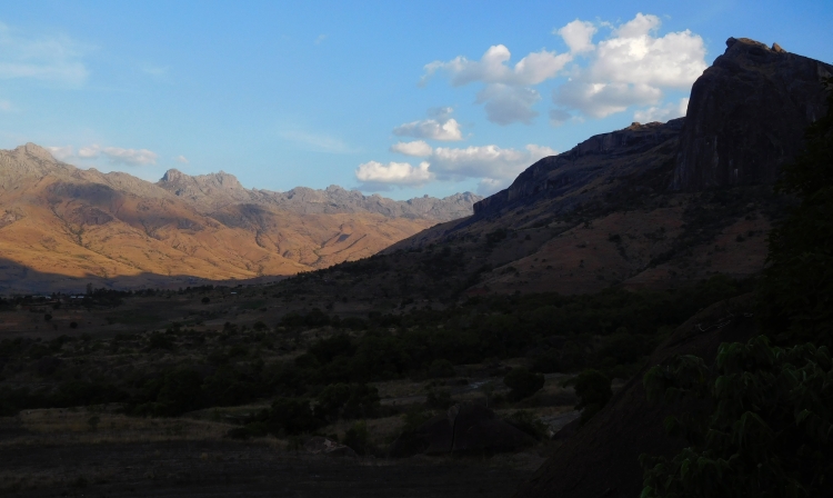 The Tsaranoro Valley with the Caméleon in the shadow and the Pic Boby bathing in the sun