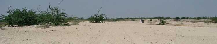 Willem pushing the bike through the sand plains